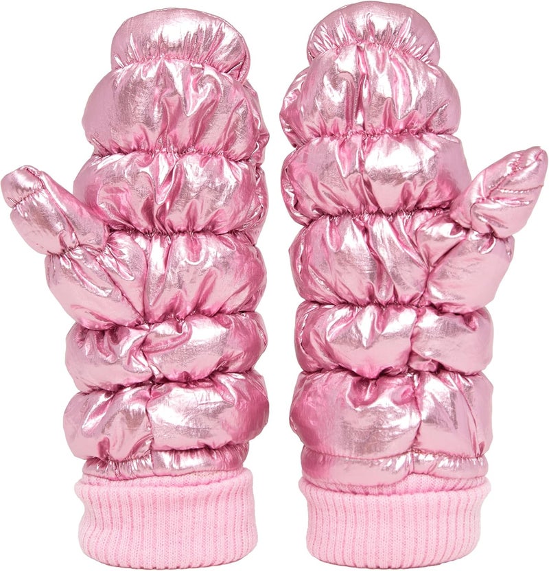 Funky Junque Women's Fleece Lined Puffer Mittens Gloves, Cold Weather Accessory for Ice Skating, Shiny Metallic Knit Cuff - Image 1